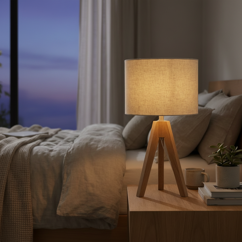 Linnea Tripod Table Lamp casting a warm glow on a bedroom nightstand at dusk