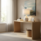 Cova ceramic lamp glowing on a styled living room console table