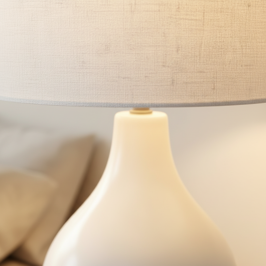 Close-up of the Cova lamp glazed ceramic base and linen shade texture