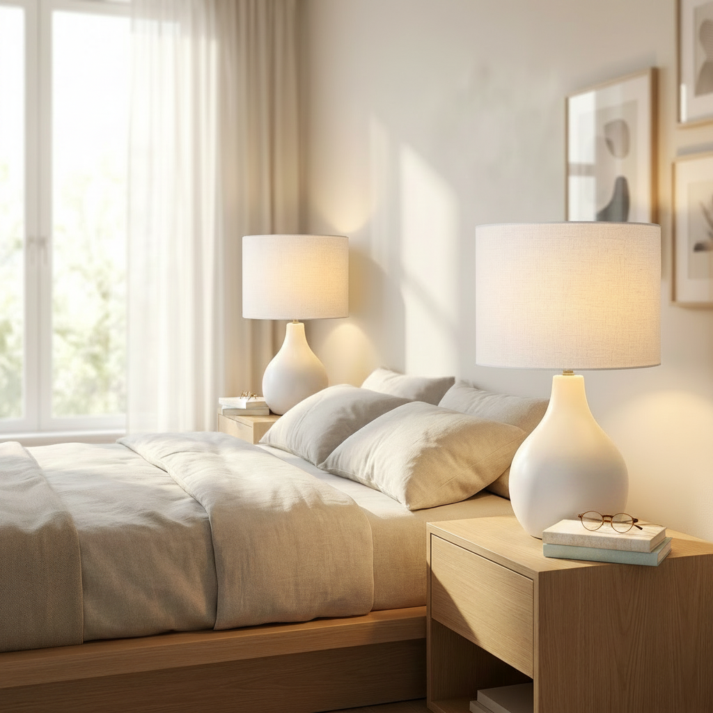 Cova ceramic lamp casting a warm glow on a bedroom nightstand at dusk