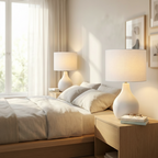 Cova ceramic lamp casting a warm glow on a bedroom nightstand at dusk