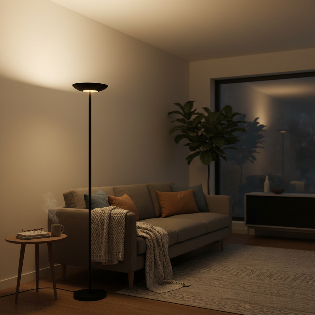 Torchere LED Floor Lamp lighting a cozy living room beside a sofa at night