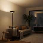 Torchere LED Floor Lamp lighting a cozy living room beside a sofa at night