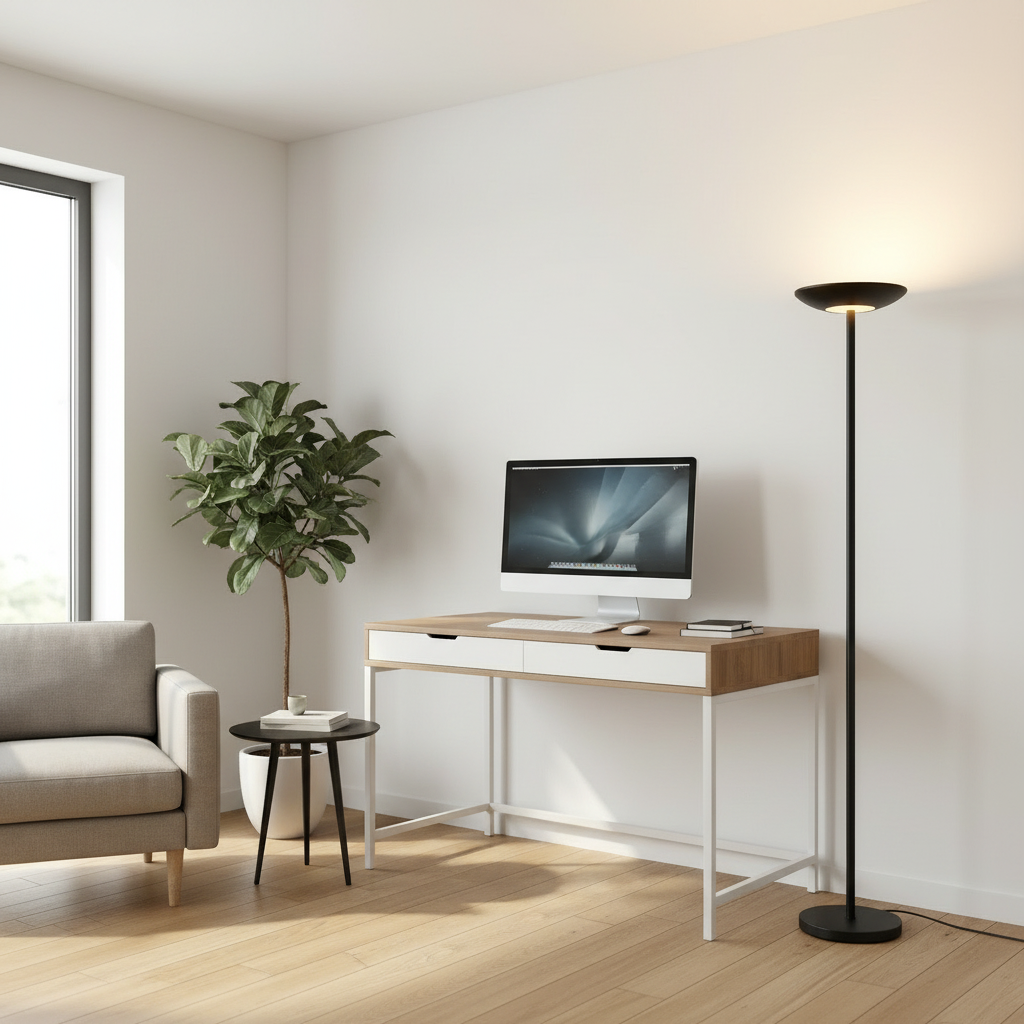 Torchere LED Floor Lamp providing ambient light in a modern home office