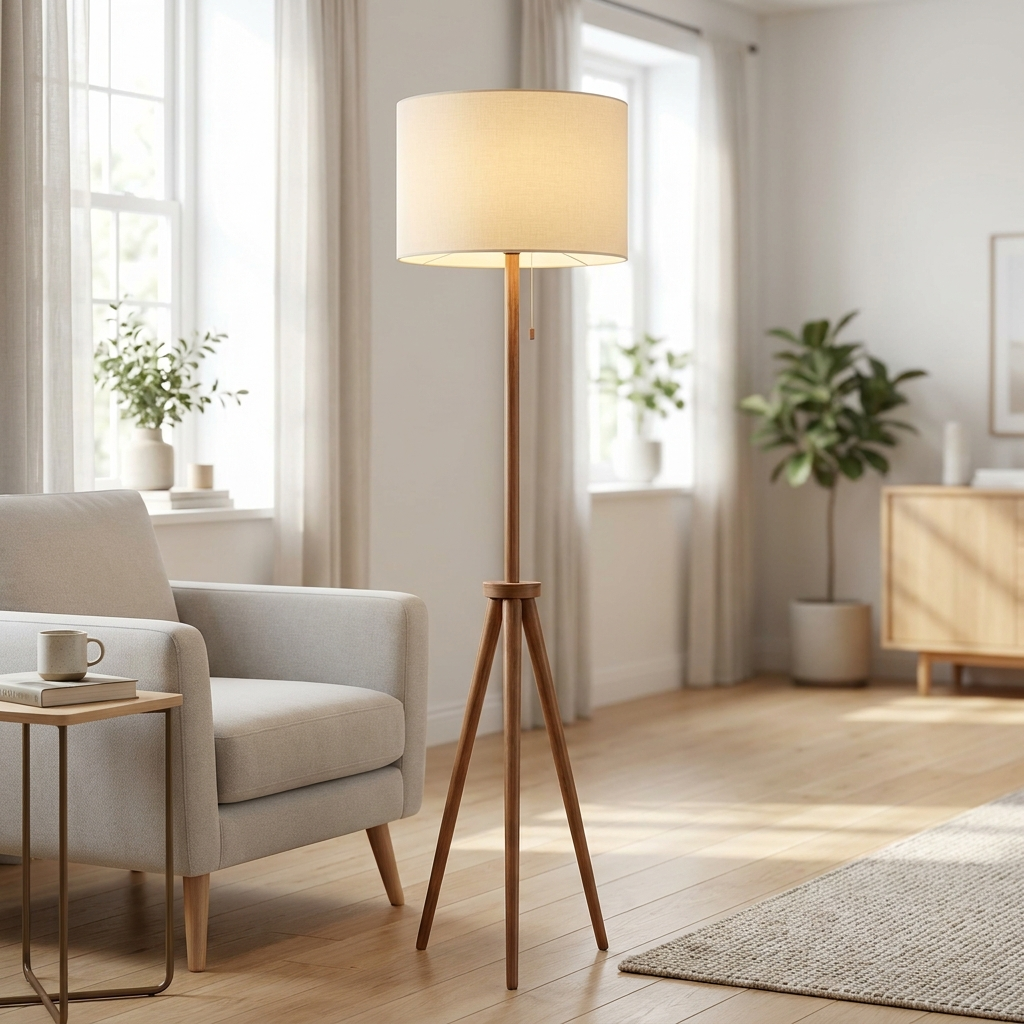Nord Wooden Floor Lamp glowing beside a reading chair in a Scandinavian living room