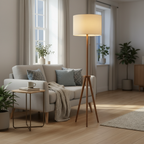 Nord Wooden Floor Lamp glowing next to a sofa in a cozy living room at evening
