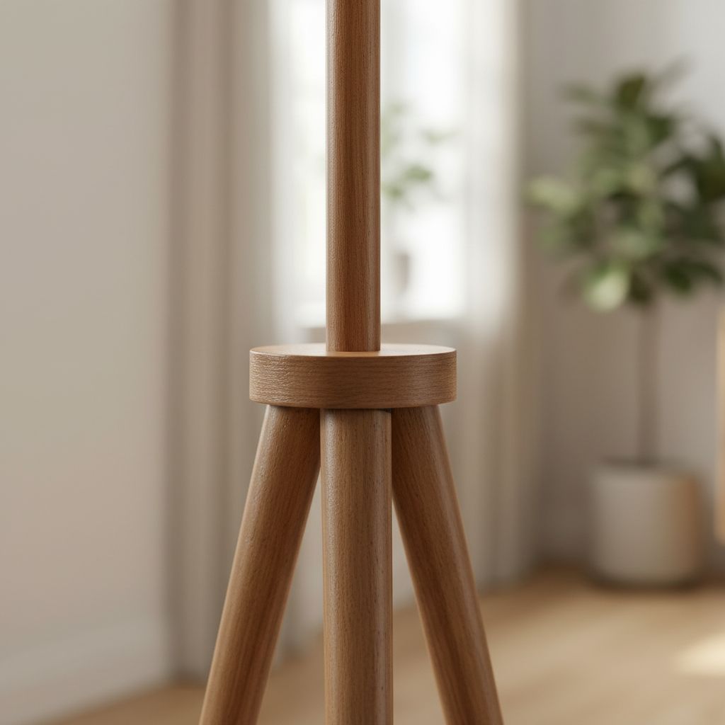 Close-up of the Nord lamp wood leg joinery and linen shade texture