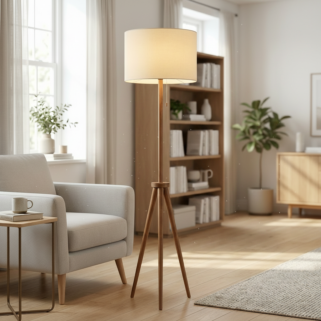 Nord Wooden Floor Lamp in a bright reading nook beside a bookshelf