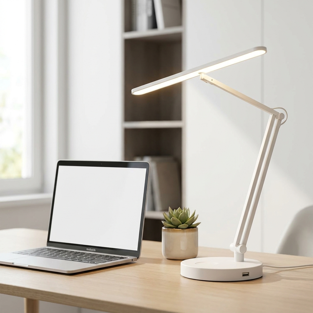 Lumen LED Desk Lamp glowing warm white on a tidy home office desk