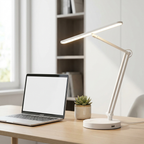 Lumen LED Desk Lamp glowing warm white on a tidy home office desk