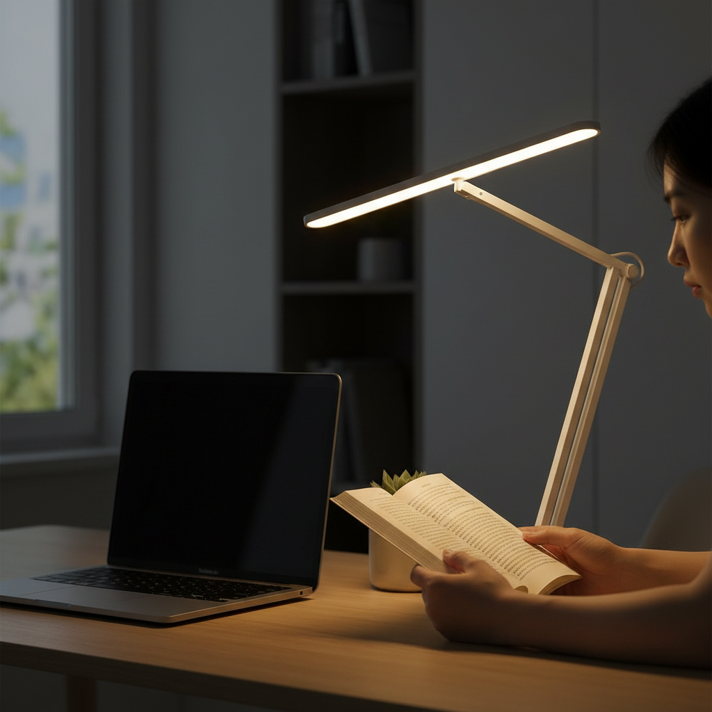 Lumen LED Desk Lamp lighting a book on a study desk at night