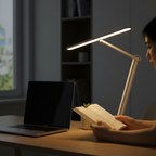 Lumen LED Desk Lamp lighting a book on a study desk at night