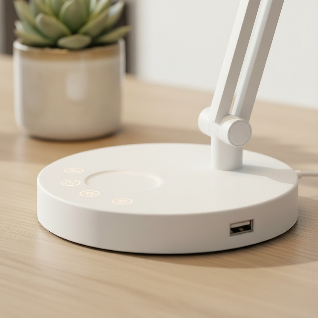 Close-up of the Lumen lamp touch controls and USB charging port on the base