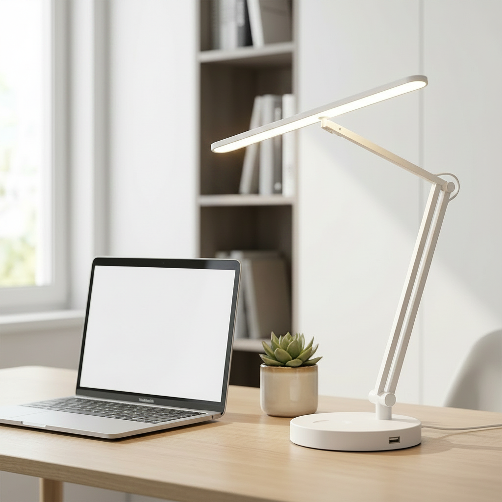 Lumen LED Desk Lamp folded compact on a bright modern office desk
