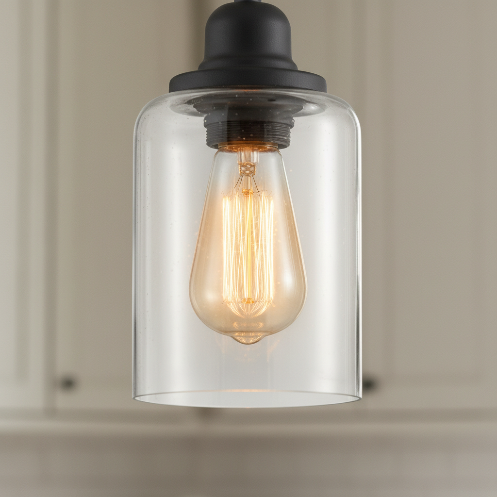 Close-up of the clear glass cylinder shade and Edison bulb