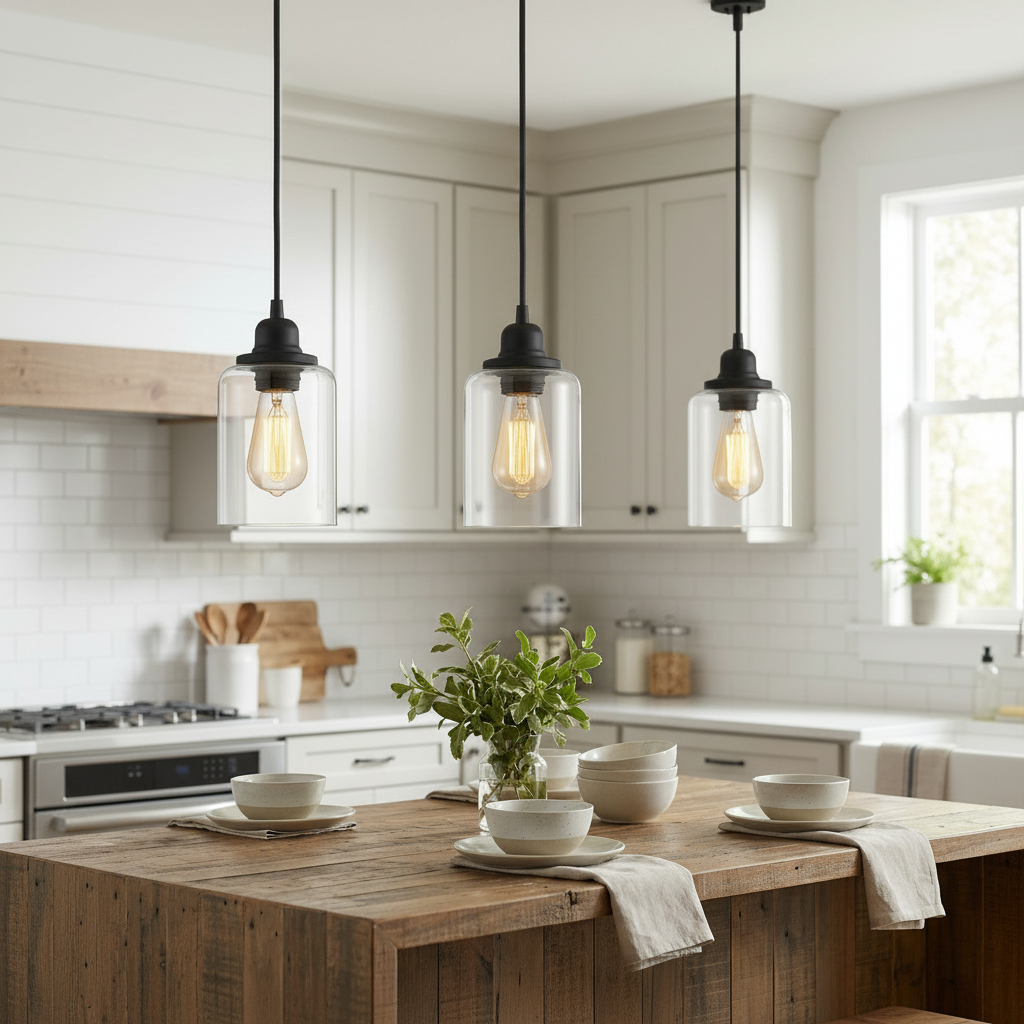 Three Foundry Glass Pendant Lights in a row above a kitchen island