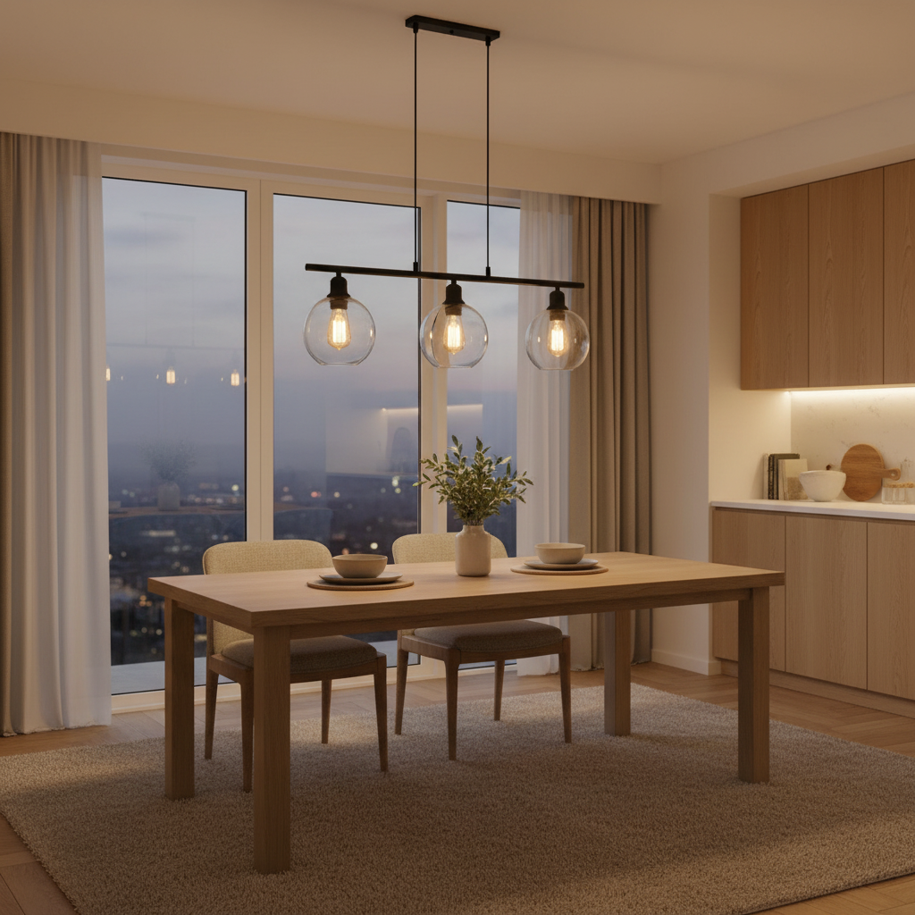 Orbit pendant set glowing over a dining table at dusk