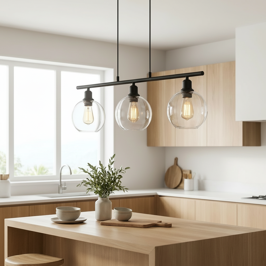 Orbit pendant set above a kitchen island in a bright modern home