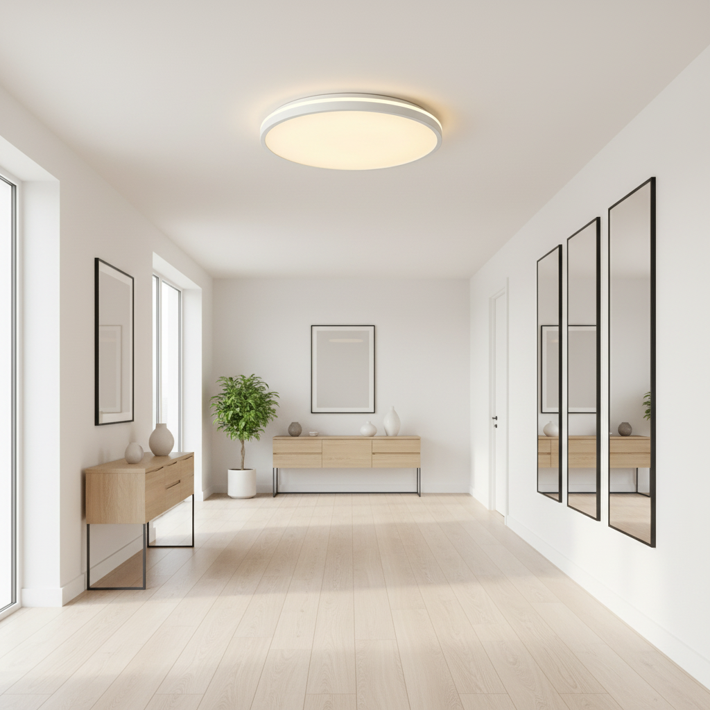 Halo ceiling light providing even illumination in a hallway