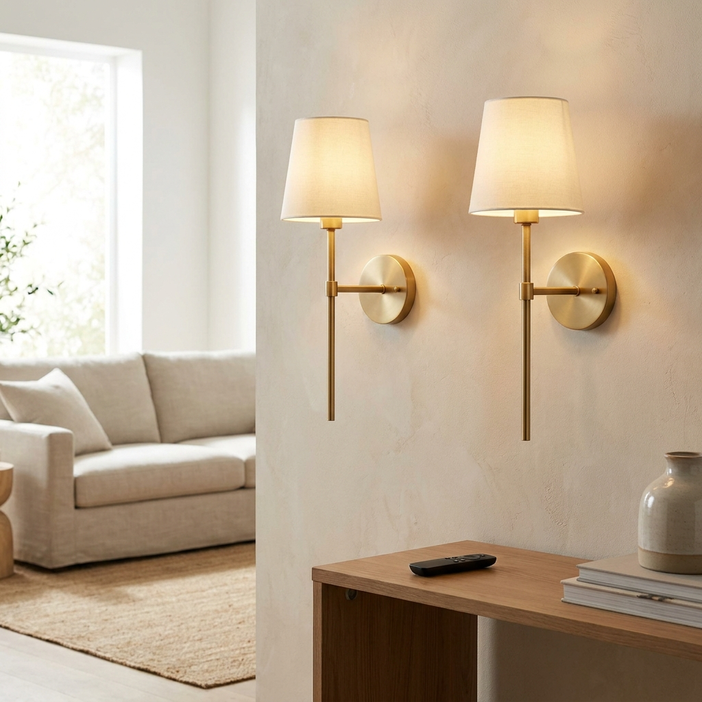 Lyra Battery Wall Sconce Set mounted in a modern living room