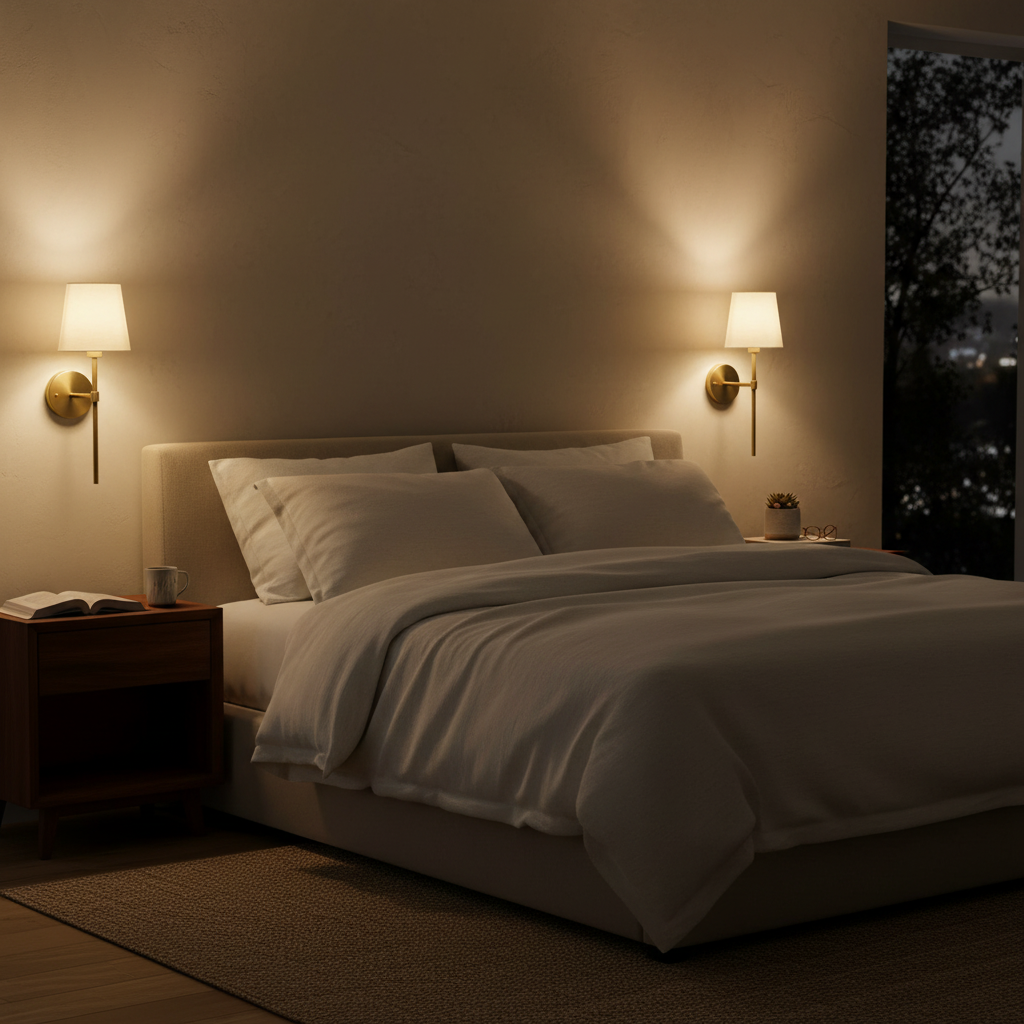 Lyra sconces glowing on either side of a bed at night