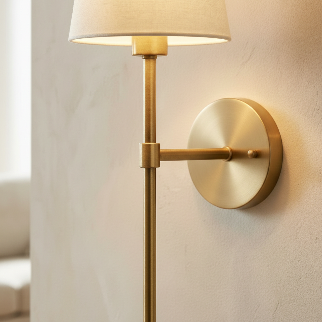 Close-up of the brushed metal arm and fabric shade