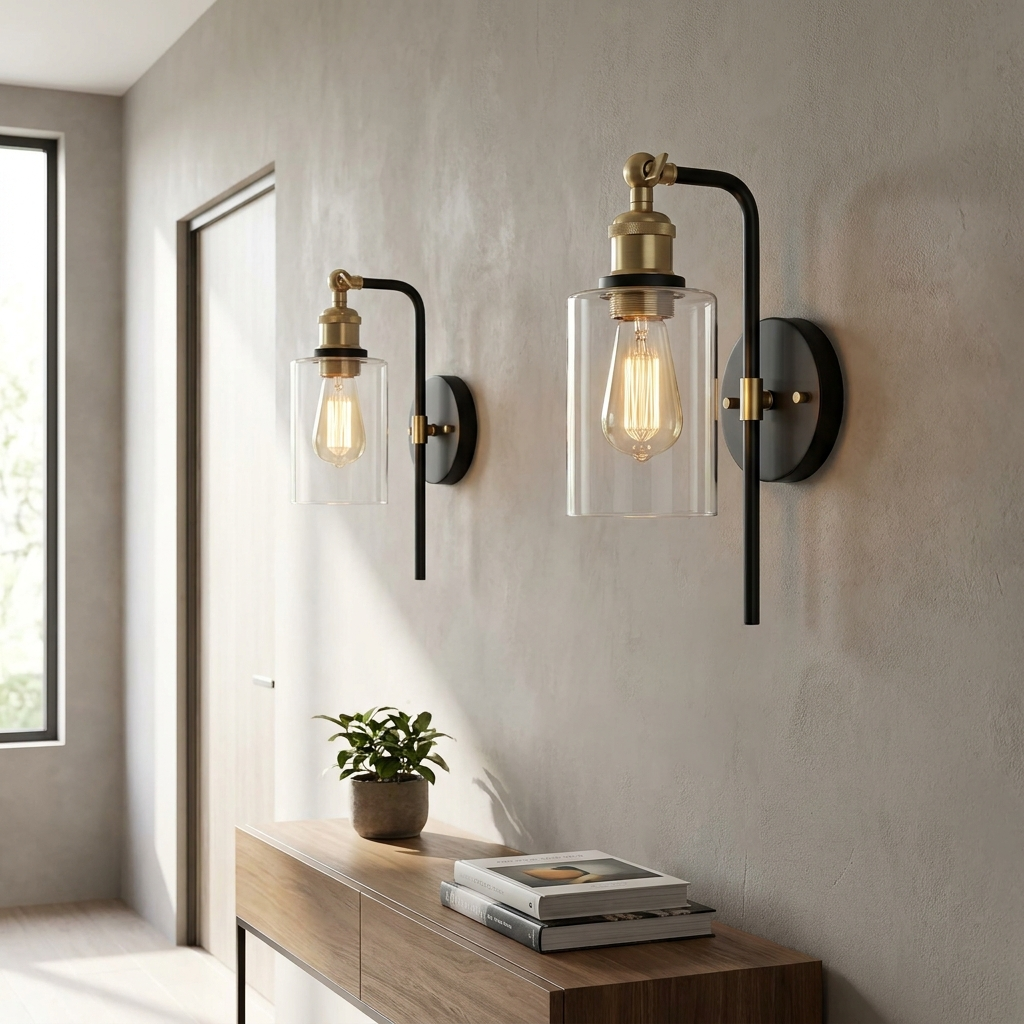 Onyx Gold Wall Sconce Set mounted in a contemporary hallway