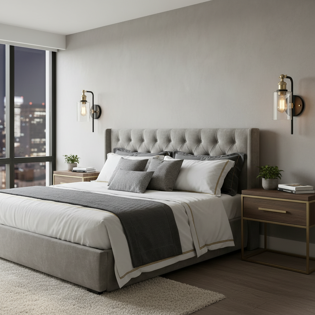 Onyx Gold sconces used as bedside lighting in a modern bedroom