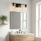 Vega Bathroom Vanity Light with three clear glass shades and matte black frame