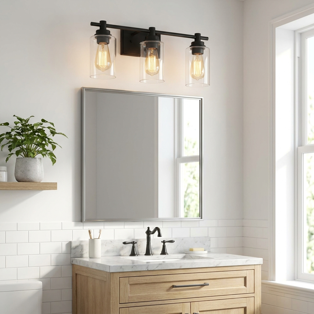Vega Bathroom Vanity Light with three clear glass shades and matte black frame