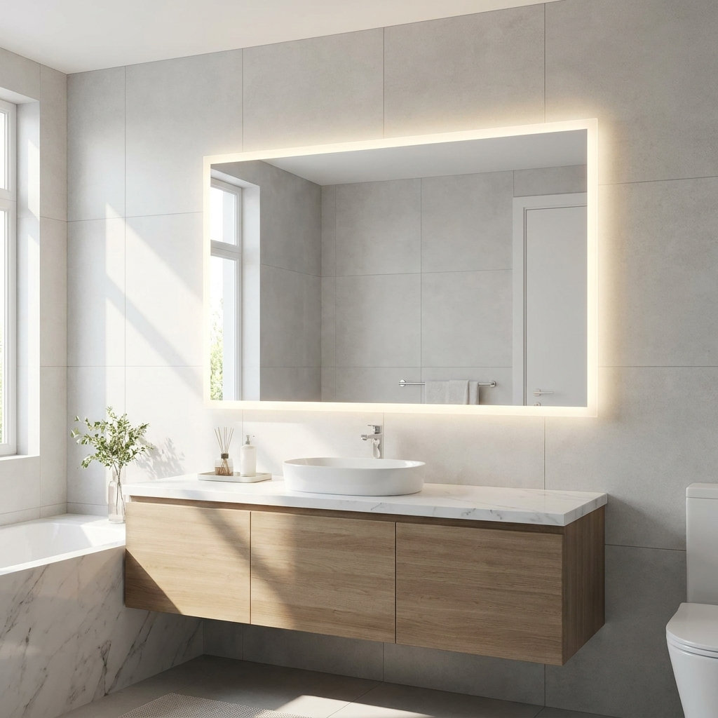 Claria LED Bathroom Mirror with glowing backlit border