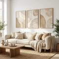 Sahara Boho Canvas Wall Art Set of three neutral abstract prints above a sofa