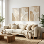 Sahara Boho Canvas Wall Art Set of three neutral abstract prints above a sofa
