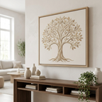 Verde Tree of Life Canvas Art framed above a console