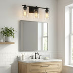 Vega Bathroom Vanity Light glowing above a bathroom mirror