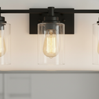 Close-up of Vega vanity light glass shade and Edison bulb detail