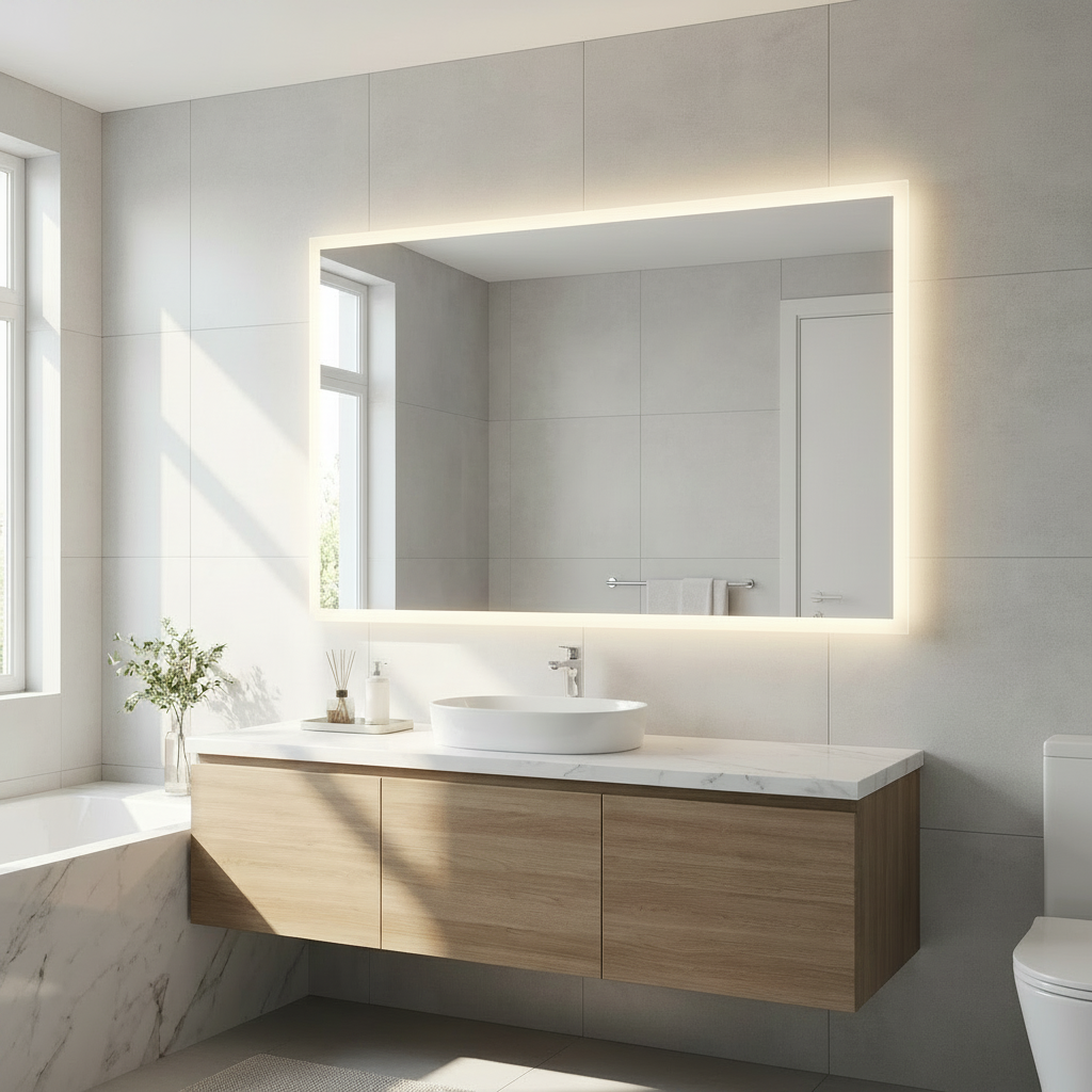 Claria LED Bathroom Mirror mounted above a modern vanity