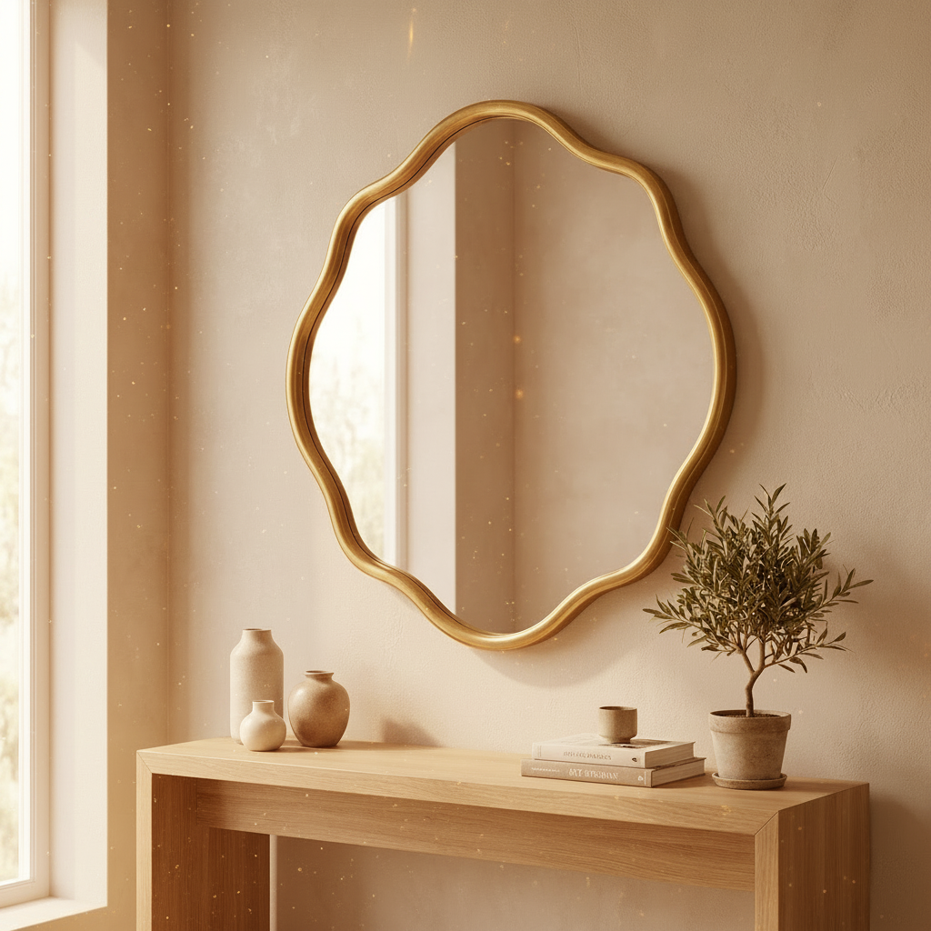 Asha Irregular Wall Mirror hung above an entryway console table