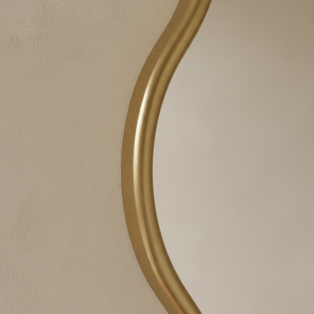 Close-up of Asha mirror brushed gold organic frame edge
