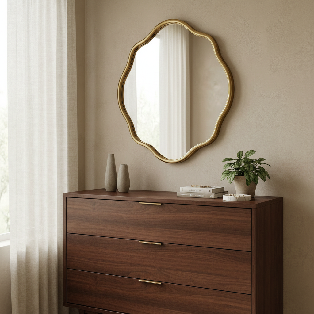 Asha Irregular Wall Mirror styled above a bedroom dresser