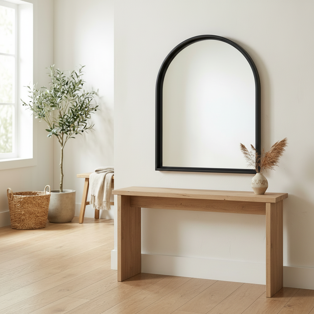 Arche Black Wall Mirror mounted above an entryway console