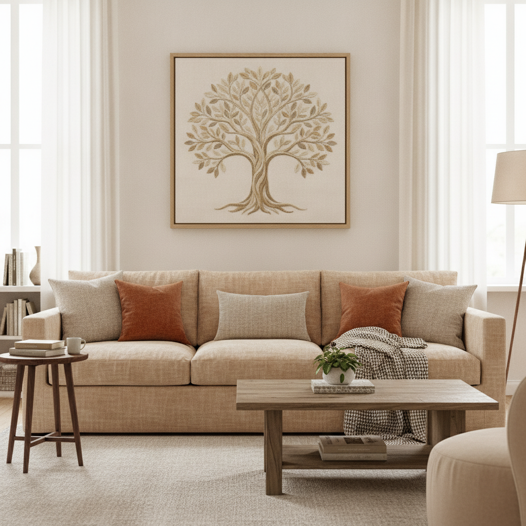 Verde Tree of Life Canvas Art hung above a sofa in a living room