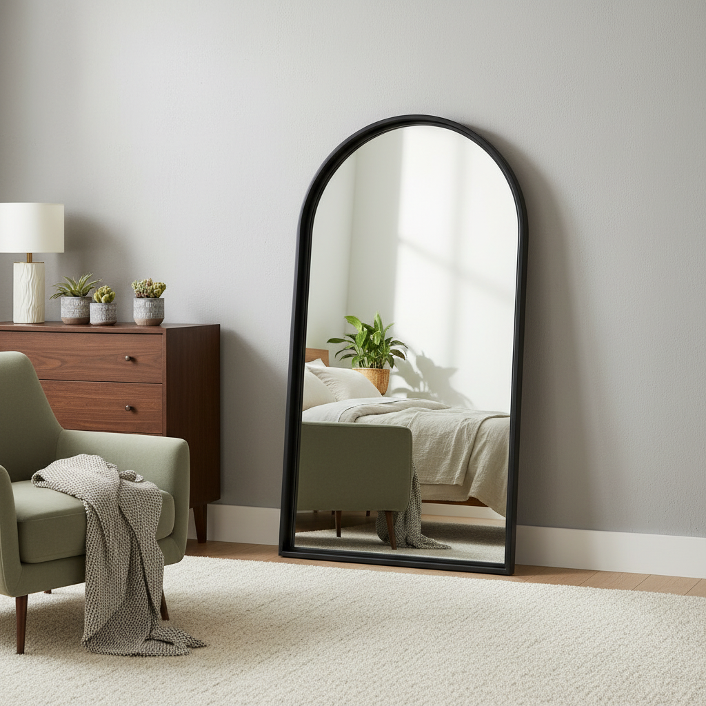Arche Black Wall Mirror leaning against a bedroom wall as a full length mirror