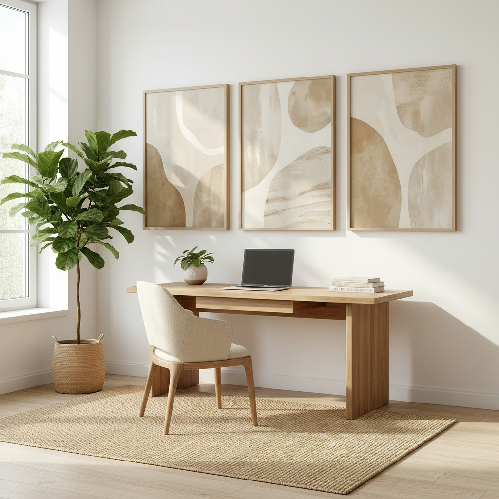 Sahara Boho Canvas Wall Art Set styled in a bright home office