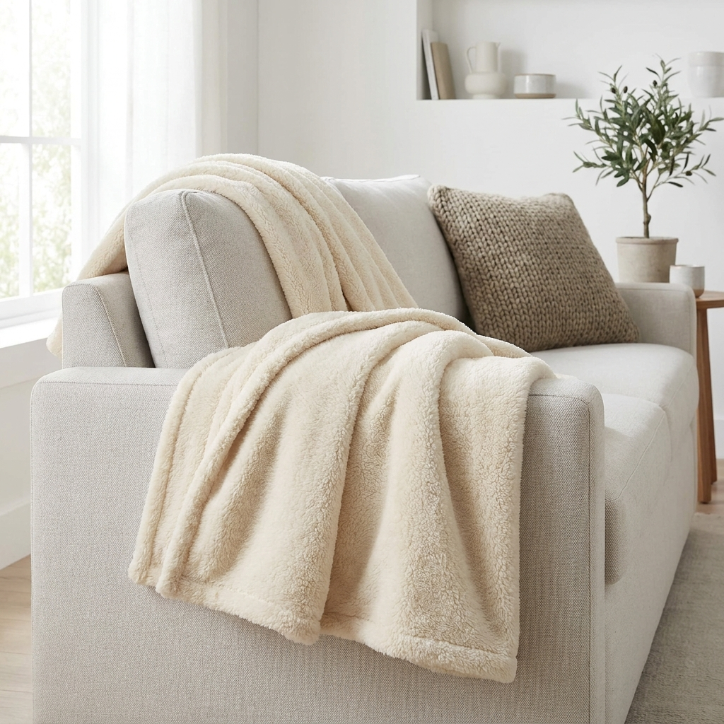 Cloudsoft cream plush fleece throw blanket draped over a modern sofa