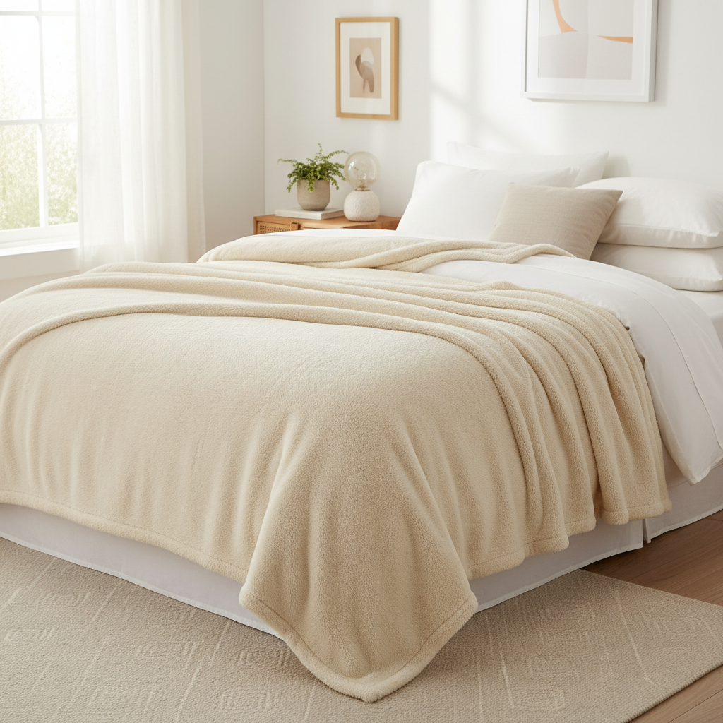 Cloudsoft throw blanket spread across a bed in a bright bedroom