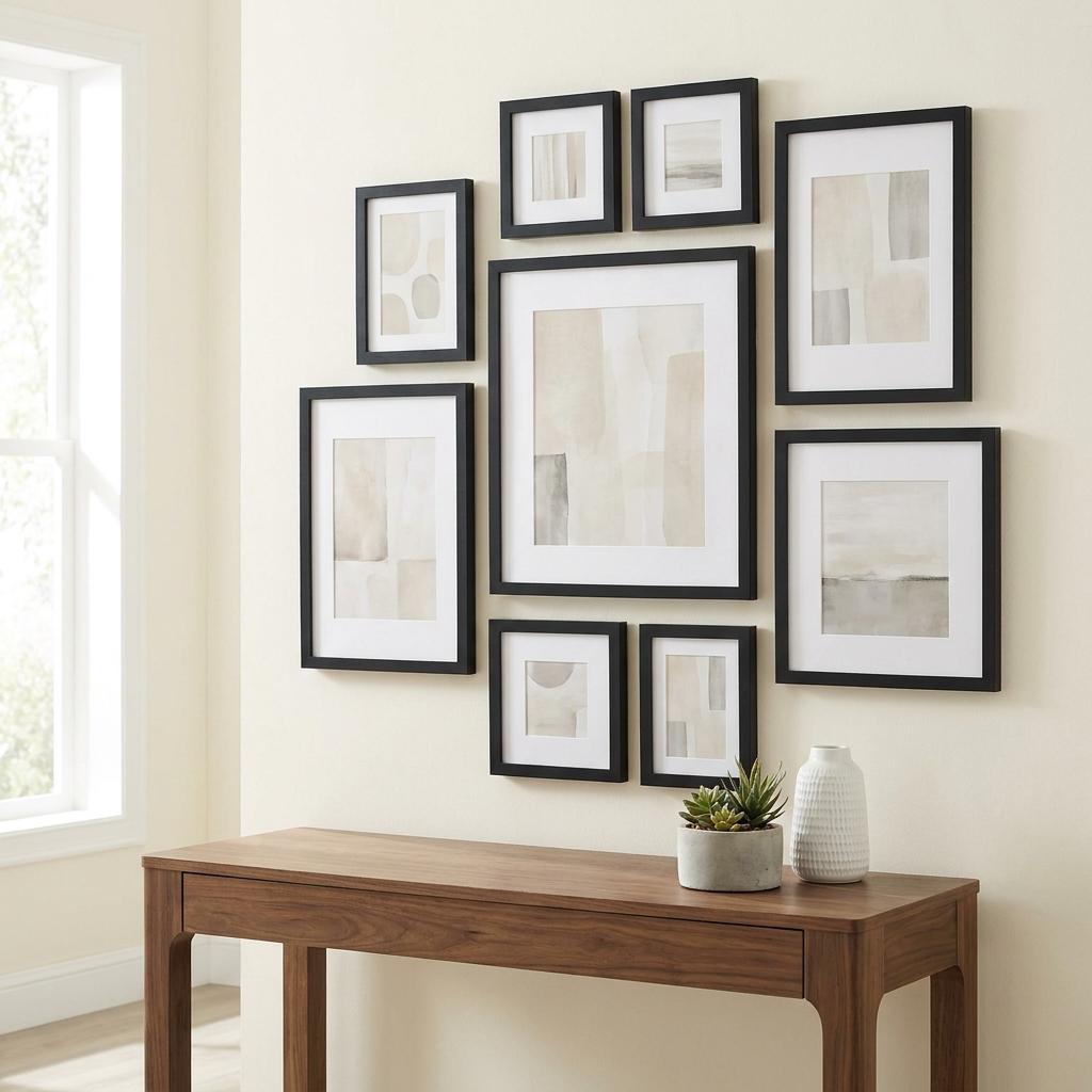 Gallery Picture Frame Collage Set arranged as a black-frame gallery wall in a living room