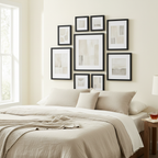 Gallery frame collage set displayed as a gallery wall above a bed
