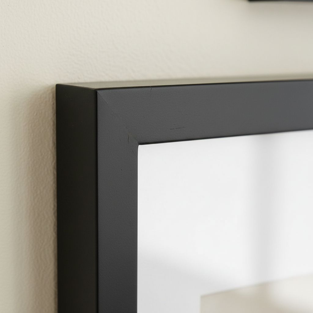 Close-up macro detail of a black wooden picture frame corner and glass front