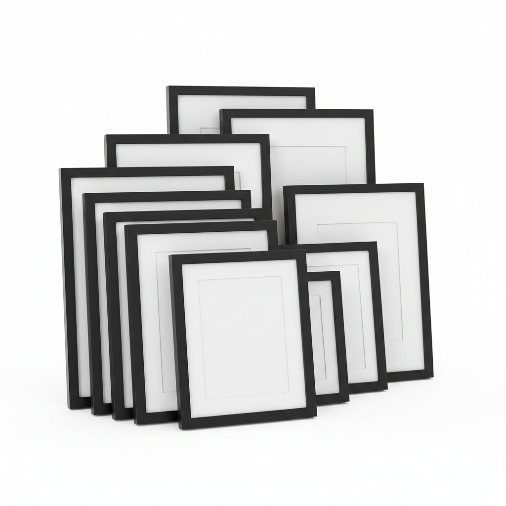 Gallery Picture Frame Collage Set black frames in mixed sizes on a white studio background